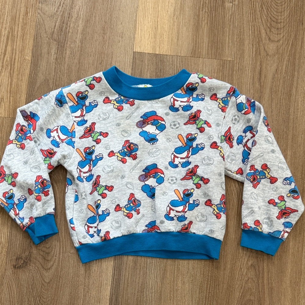 Vintage 90s Sesame Street Elmo Cookie Monster Blue Gray Sweatshirt Boys Top 3T